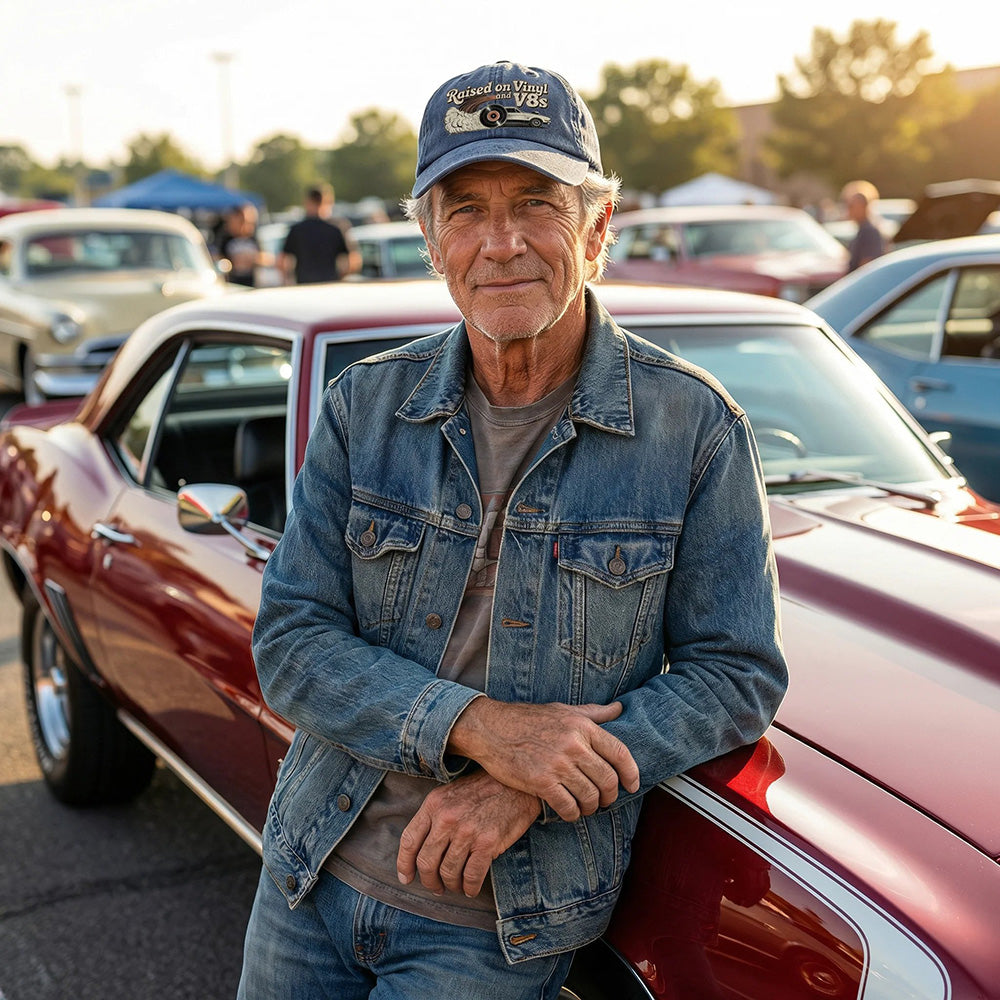 🏽Letzter Tag mit 49 % Rabatt – „Raised on Vinyl and V8s“ – die bestickte klassische Kappe für Motorsportfans