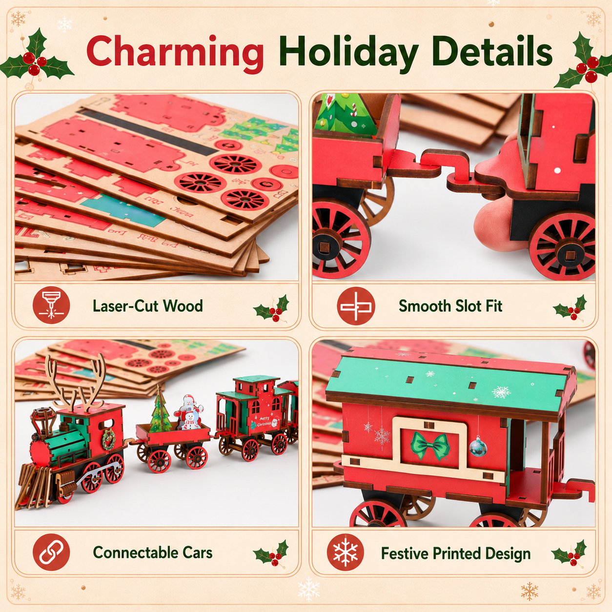 🎄LETZTER TAG 50 % RABATT – DIY-Weihnachtszug-Set aus Holz – 3D-Bau-Puzzle
