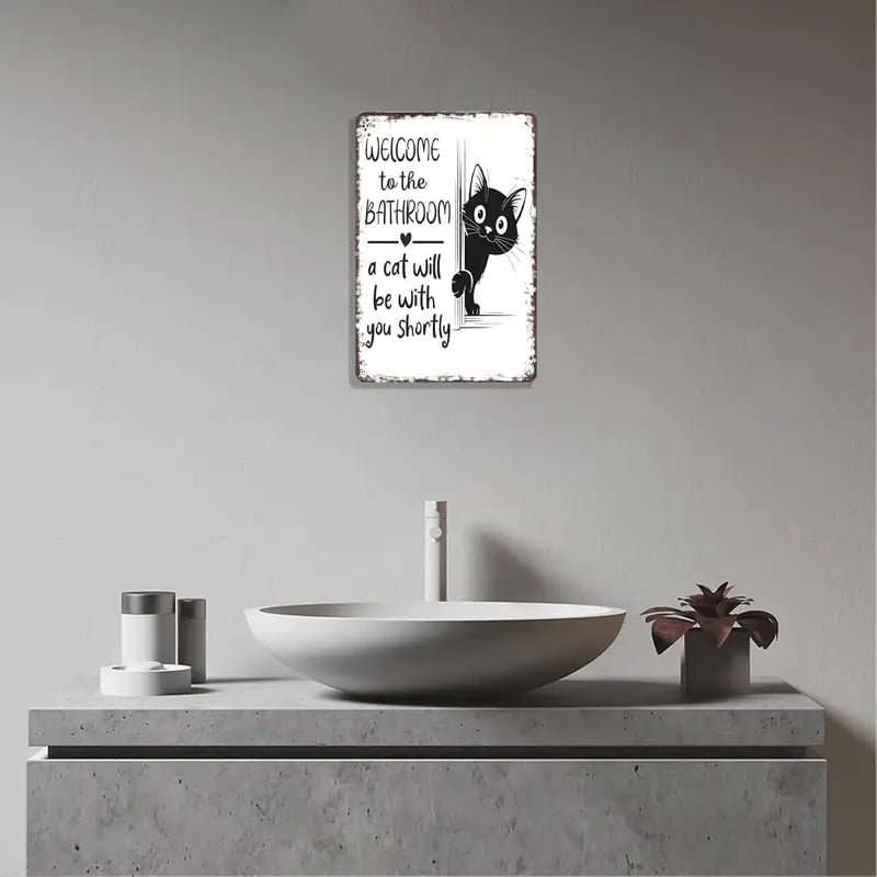 Vintage Schwarz-Weiß-Katze und Hochlandrinder als Wandkunst