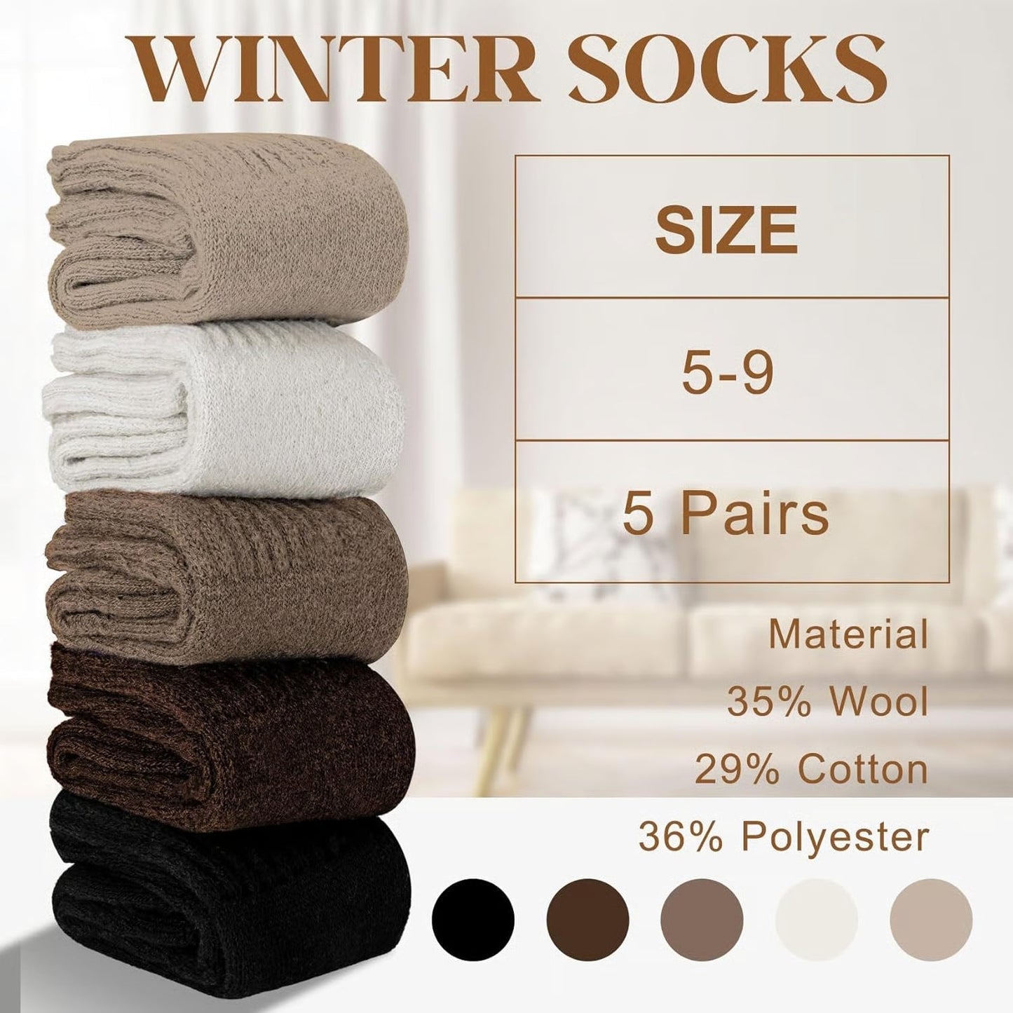 🧦5 Paar Wollsocken für Frauen - warme, mittelhohe Socken