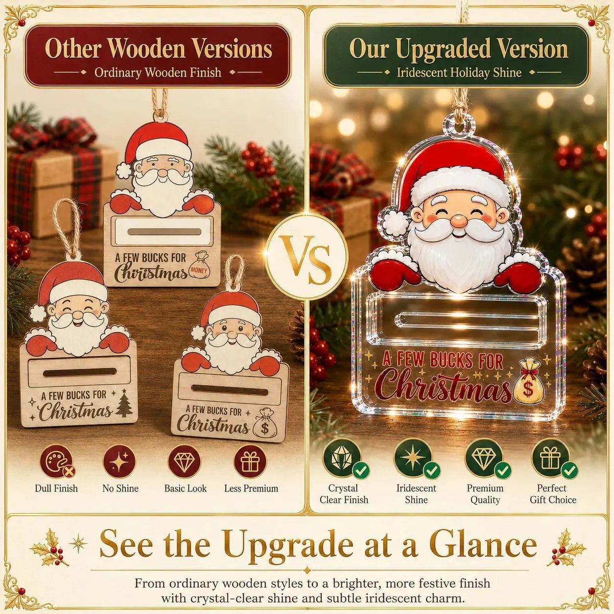 🎄Kristallklares Weihnachts-Geldbehälter-Ornament | Hochwertiges, klares Acryl mit festlichen Motivdetails, verstecktem Geldschlitz und inklusive Aufhängeschnur 💵✨
