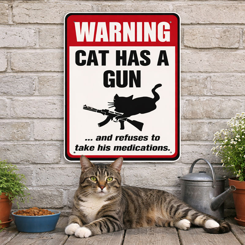 Warnung: Schild mit einem Hund und einer Katze, die eine Pistole halten