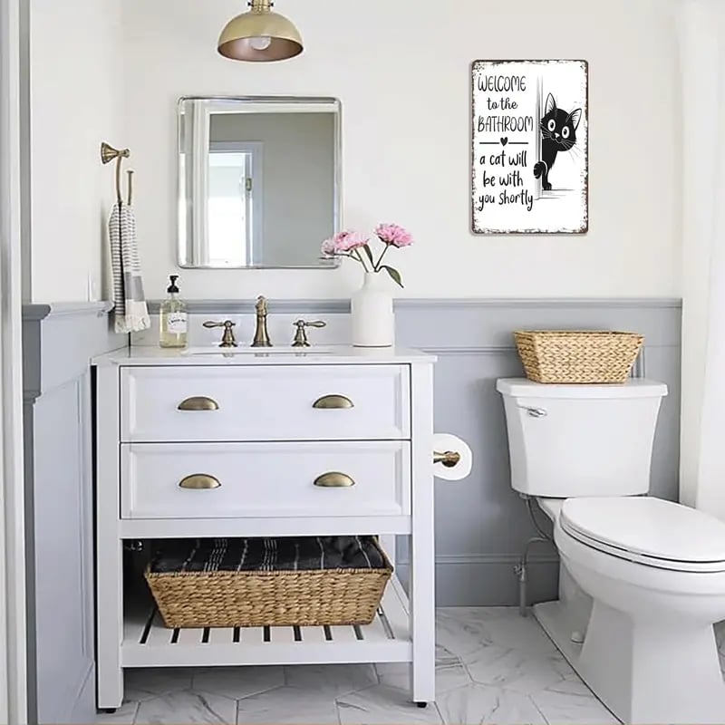 Vintage Schwarz-Weiß-Katze und Hochlandrinder als Wandkunst