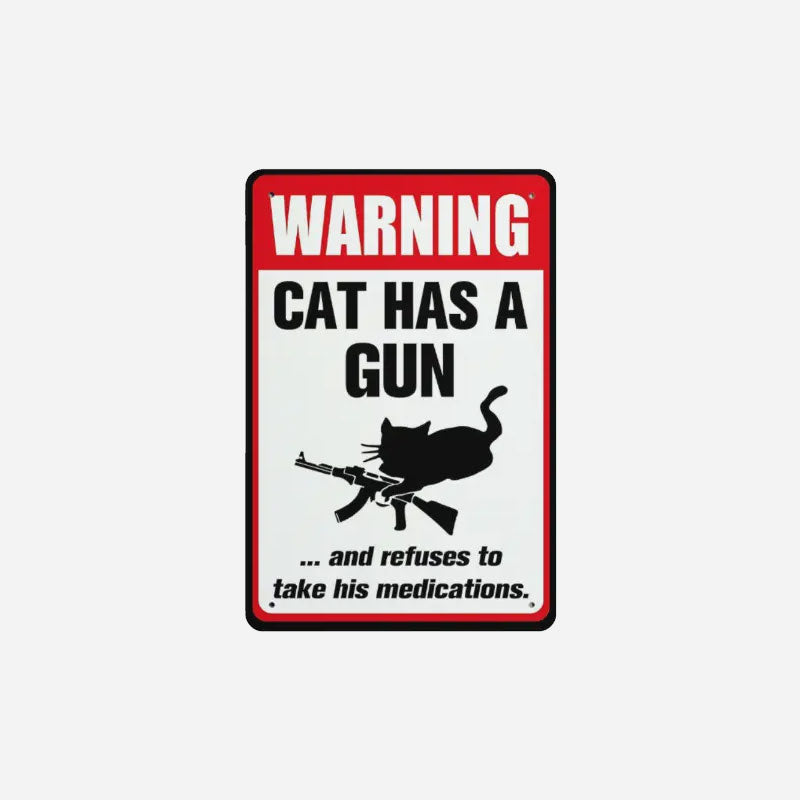 Warnung: Schild mit einem Hund und einer Katze, die eine Pistole halten