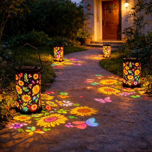 🌞Farbenfrohe, solarbetriebene Gartenlaterne mit Sonnenblumen-Lichteffekt