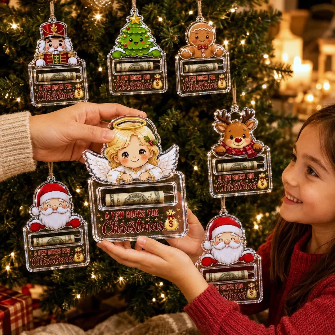 🎄Kristallklares Weihnachts-Geldbehälter-Ornament | Hochwertiges, klares Acryl mit festlichen Motivdetails, verstecktem Geldschlitz und inklusive Aufhängeschnur 💵✨