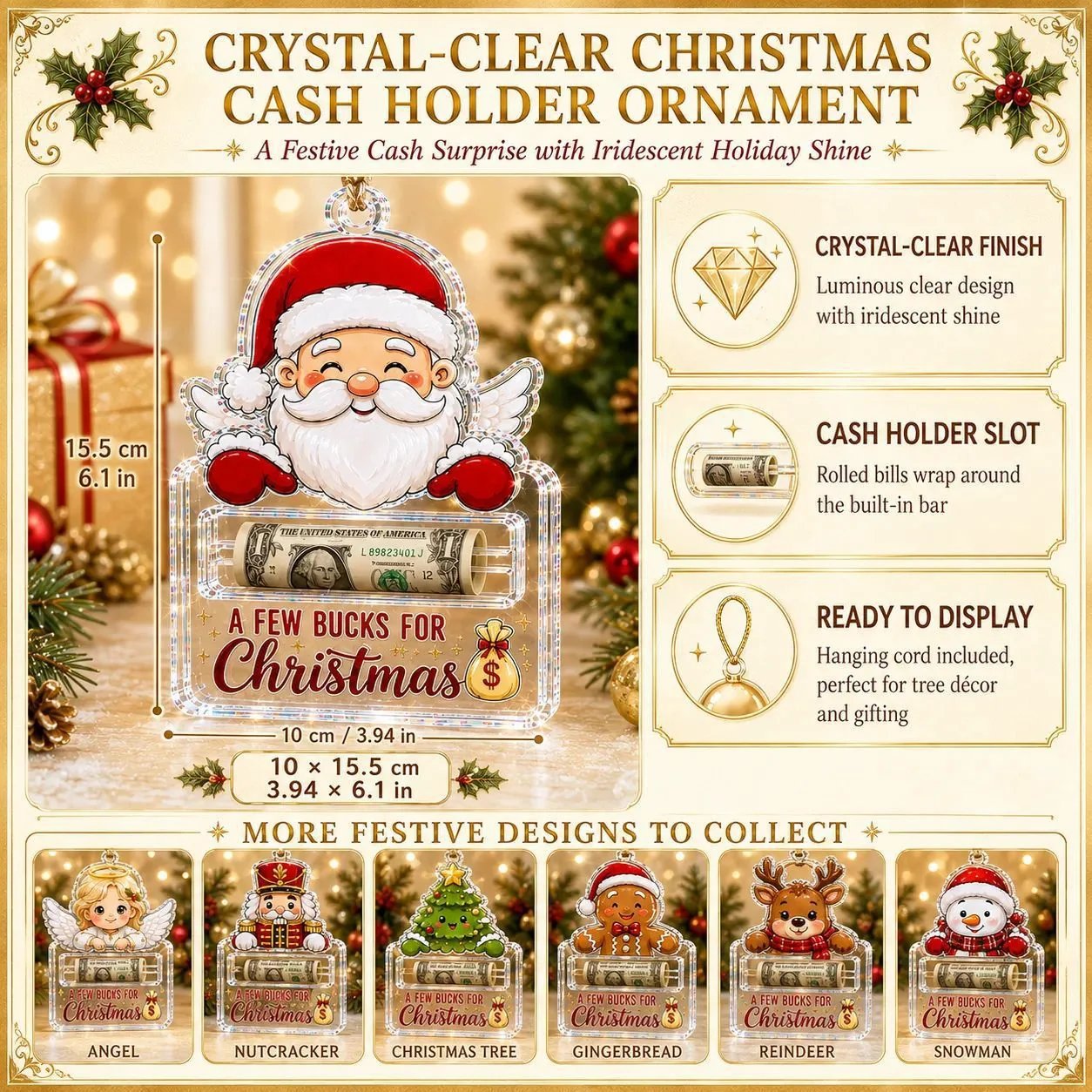🎄Kristallklares Weihnachts-Geldbehälter-Ornament | Hochwertiges, klares Acryl mit festlichen Motivdetails, verstecktem Geldschlitz und inklusive Aufhängeschnur 💵✨