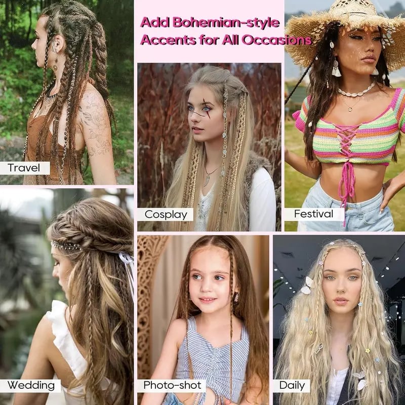 🌿🎨 Boho-Zöpfe mit Perlen, zum Befestigen mit Clips – Eine einfache Möglichkeit, deine Frisur zu verändern, perfekt für Festivals und den Alltag (✨2 Stück