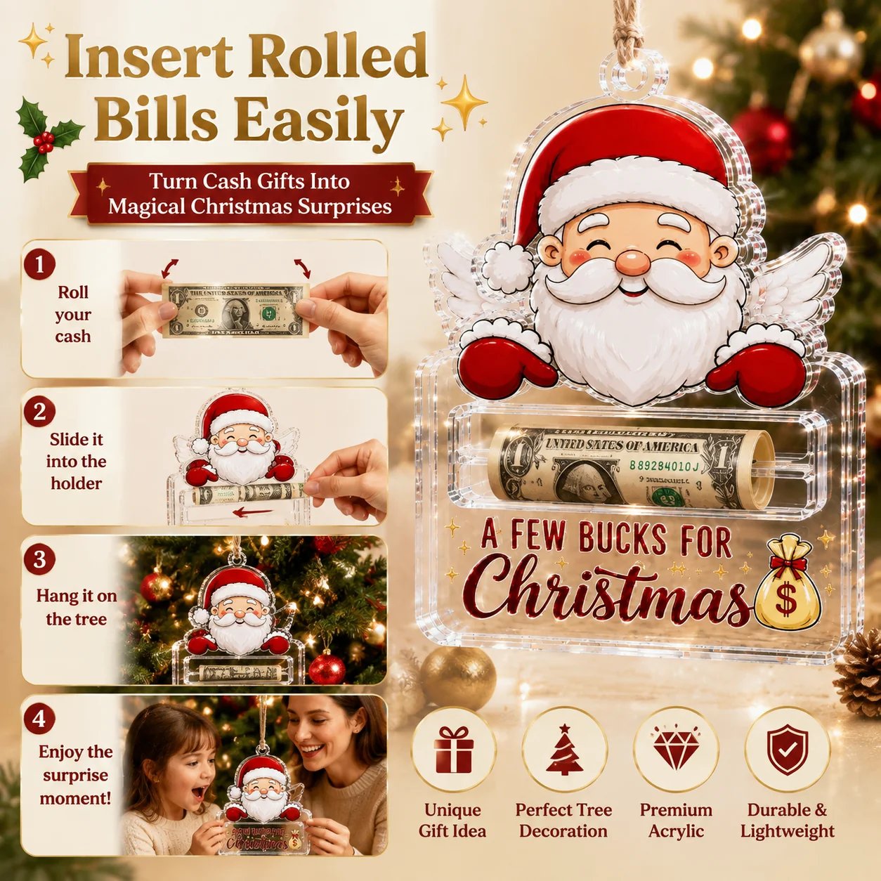 🎄Kristallklares Weihnachts-Geldbehälter-Ornament | Hochwertiges, klares Acryl mit festlichen Motivdetails, verstecktem Geldschlitz und inklusive Aufhängeschnur 💵✨