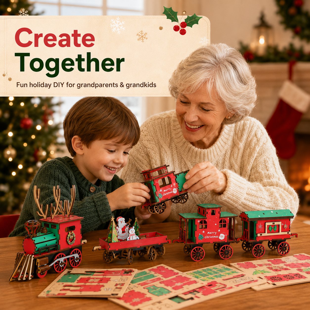 🎄LETZTER TAG 50 % RABATT – DIY-Weihnachtszug-Set aus Holz – 3D-Bau-Puzzle