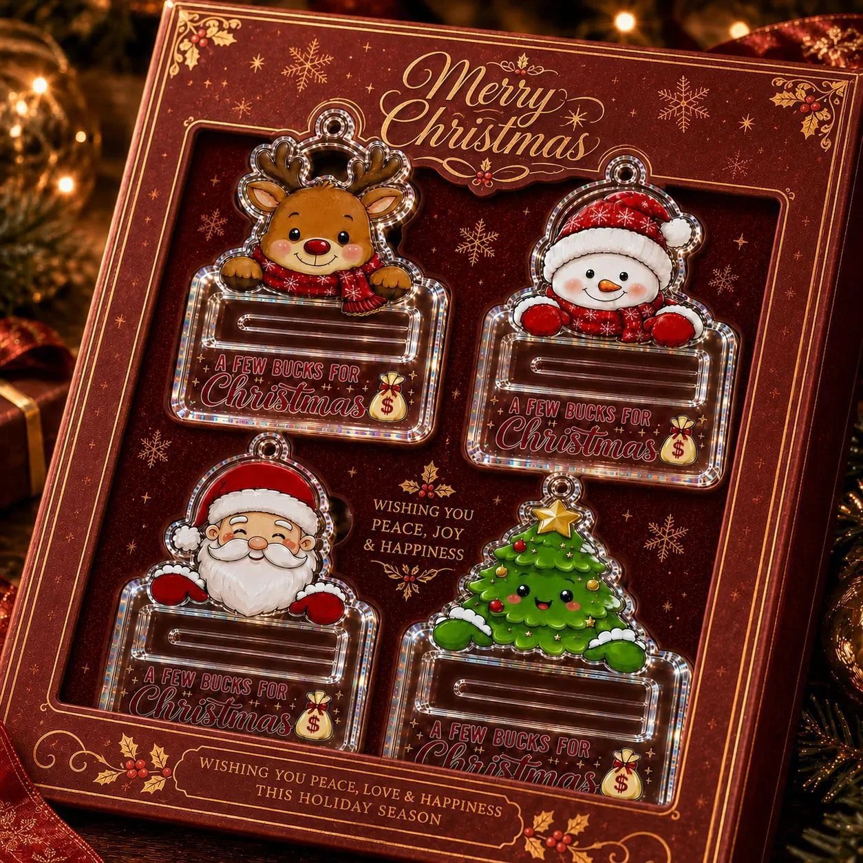 🎄Kristallklares Weihnachts-Geldbehälter-Ornament | Hochwertiges, klares Acryl mit festlichen Motivdetails, verstecktem Geldschlitz und inklusive Aufhängeschnur 💵✨