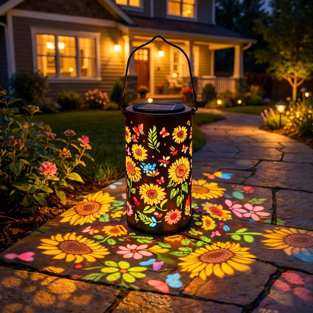 🌞Farbenfrohe, solarbetriebene Gartenlaterne mit Sonnenblumen-Lichteffekt