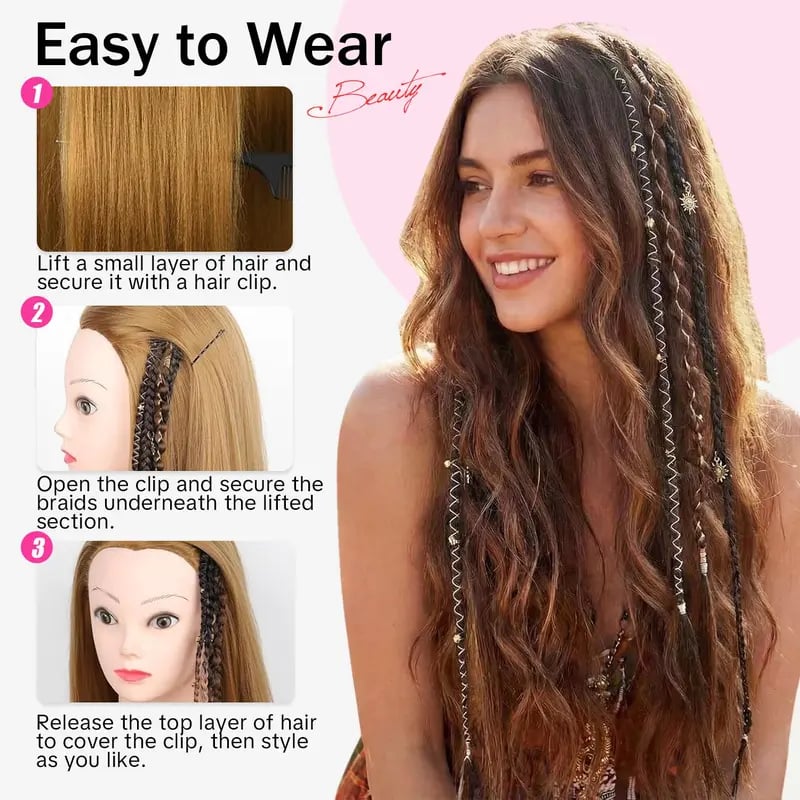 🌿🎨 Boho-Zöpfe mit Perlen, zum Befestigen mit Clips – Eine einfache Möglichkeit, deine Frisur zu verändern, perfekt für Festivals und den Alltag (✨2 Stück