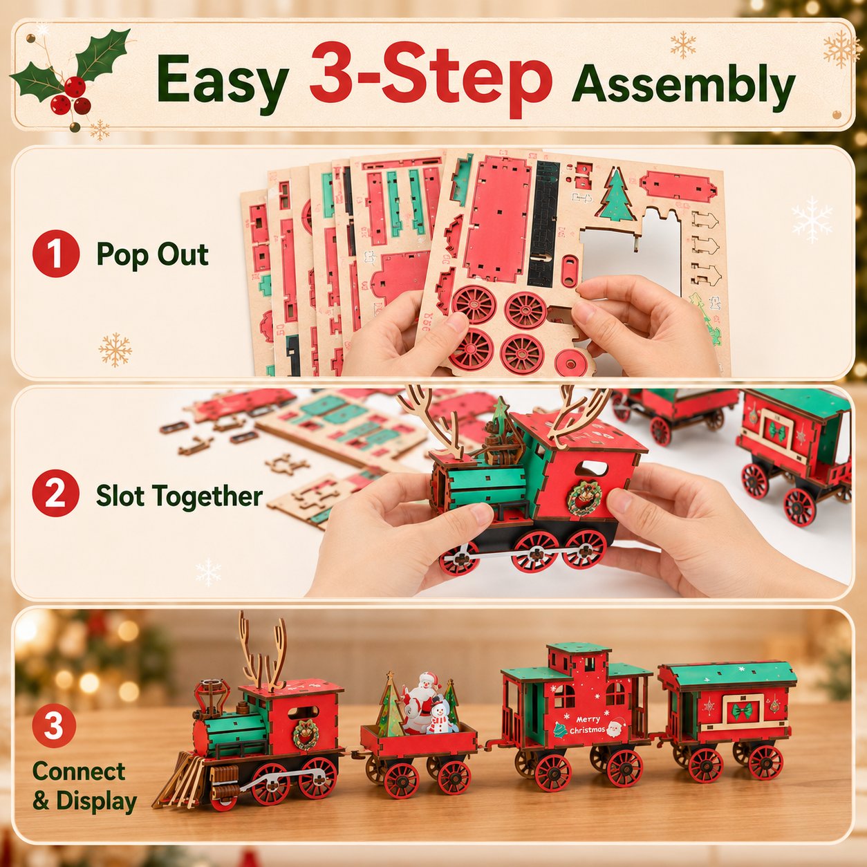 🎄LETZTER TAG 50 % RABATT – DIY-Weihnachtszug-Set aus Holz – 3D-Bau-Puzzle