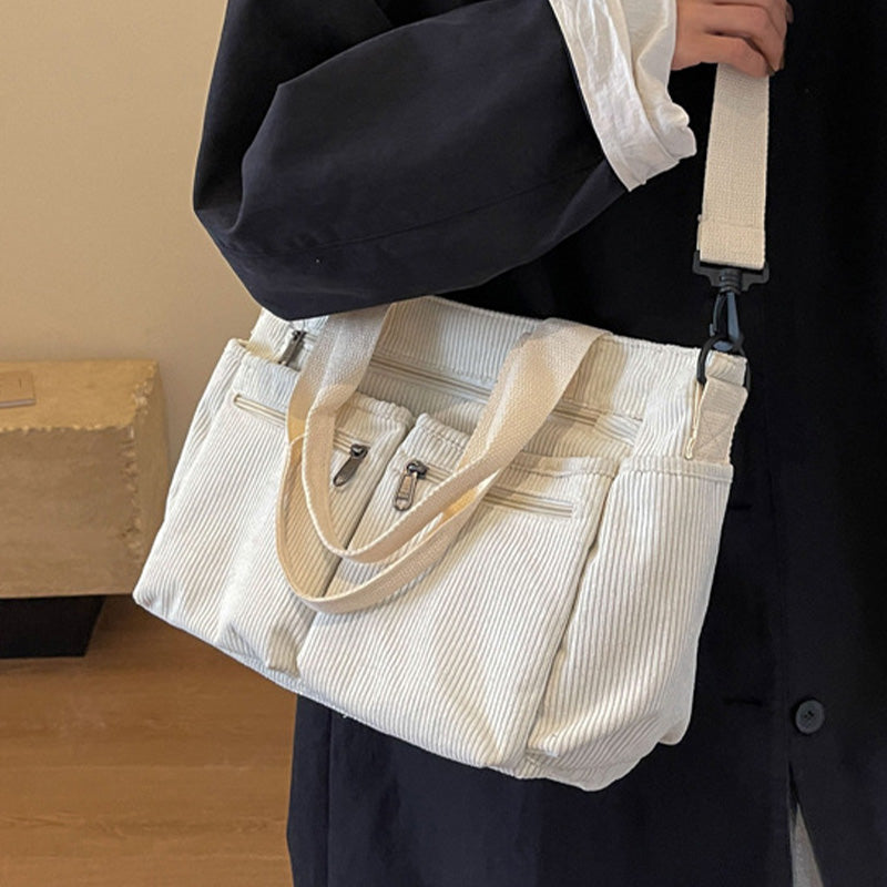 🤎Retro-Schultertasche – Cord-Tragetasche mit mehreren Fächern, großem Fassungsvermögen, schlichte Schulter-/Umhängetasche für den Alltag