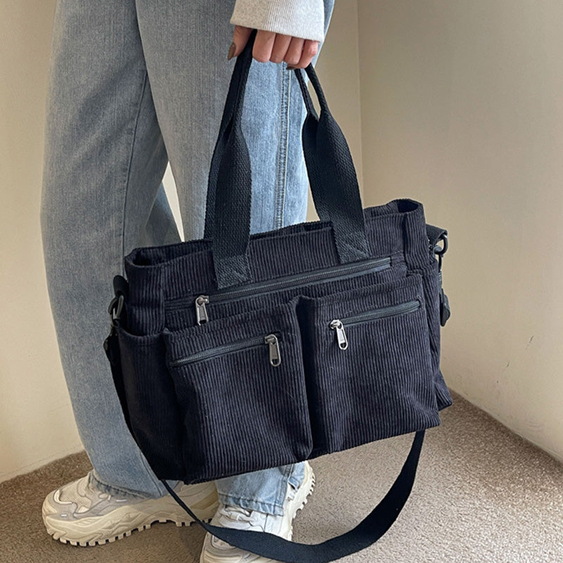 🤎Retro-Schultertasche – Cord-Tragetasche mit mehreren Fächern, großem Fassungsvermögen, schlichte Schulter-/Umhängetasche für den Alltag