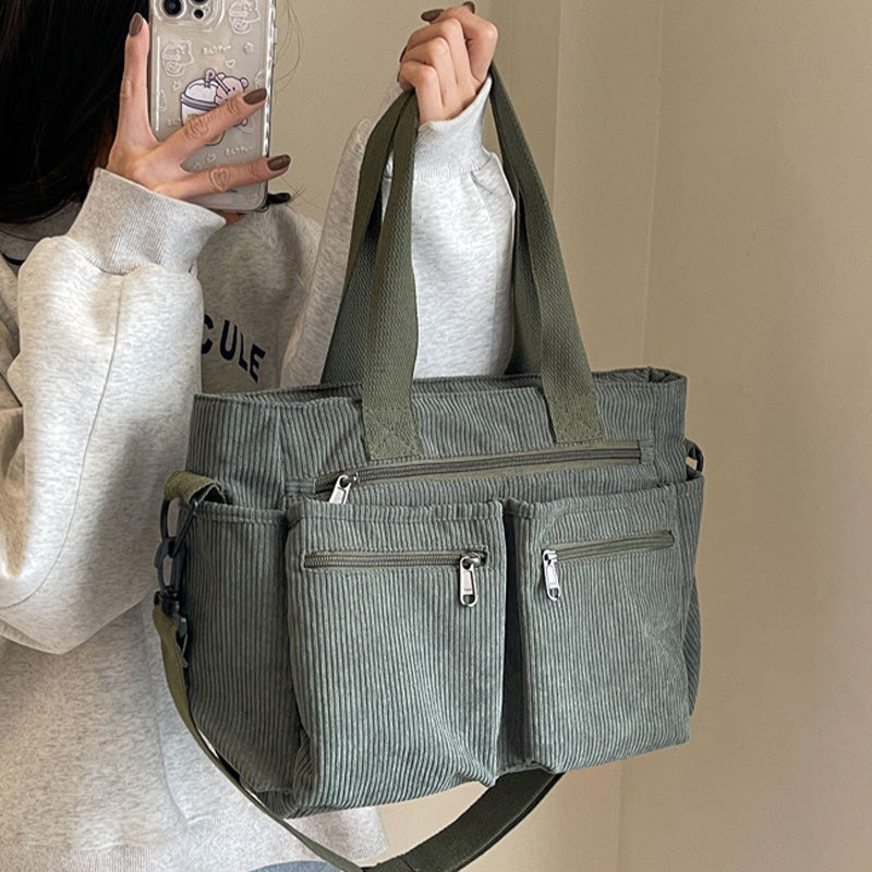 🤎Retro-Schultertasche – Cord-Tragetasche mit mehreren Fächern, großem Fassungsvermögen, schlichte Schulter-/Umhängetasche für den Alltag