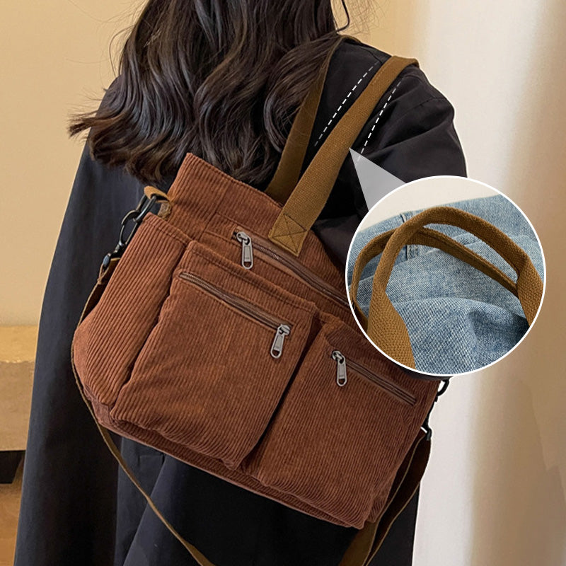 🤎Retro-Schultertasche – Cord-Tragetasche mit mehreren Fächern, großem Fassungsvermögen, schlichte Schulter-/Umhängetasche für den Alltag