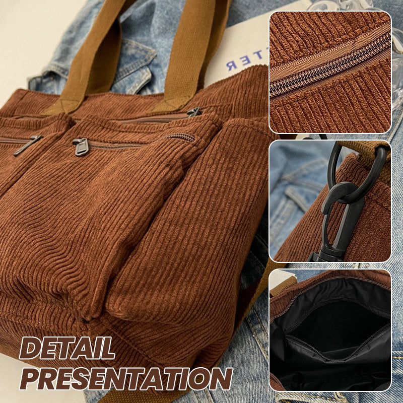 🤎Retro-Schultertasche – Cord-Tragetasche mit mehreren Fächern, großem Fassungsvermögen, schlichte Schulter-/Umhängetasche für den Alltag