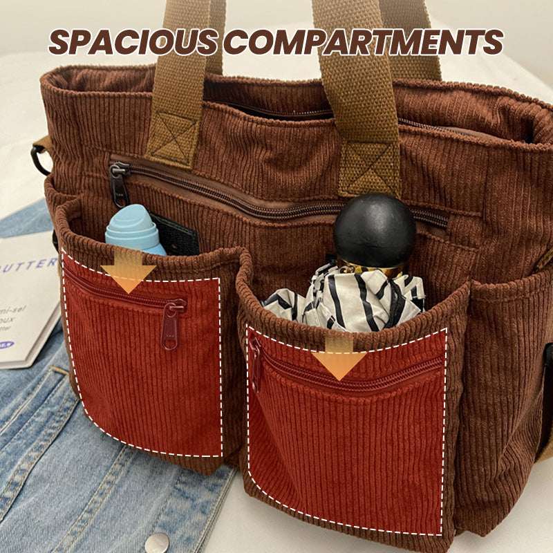 🤎Retro-Schultertasche – Cord-Tragetasche mit mehreren Fächern, großem Fassungsvermögen, schlichte Schulter-/Umhängetasche für den Alltag