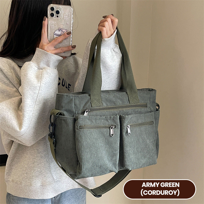🤎Retro-Schultertasche – Cord-Tragetasche mit mehreren Fächern, großem Fassungsvermögen, schlichte Schulter-/Umhängetasche für den Alltag