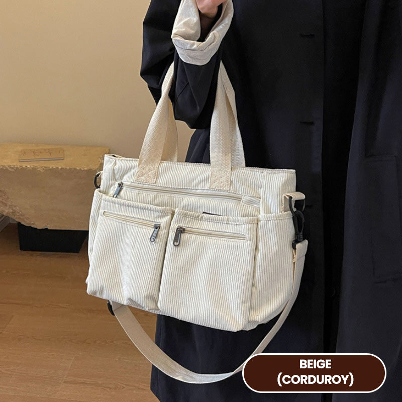 🤎Retro-Schultertasche – Cord-Tragetasche mit mehreren Fächern, großem Fassungsvermögen, schlichte Schulter-/Umhängetasche für den Alltag